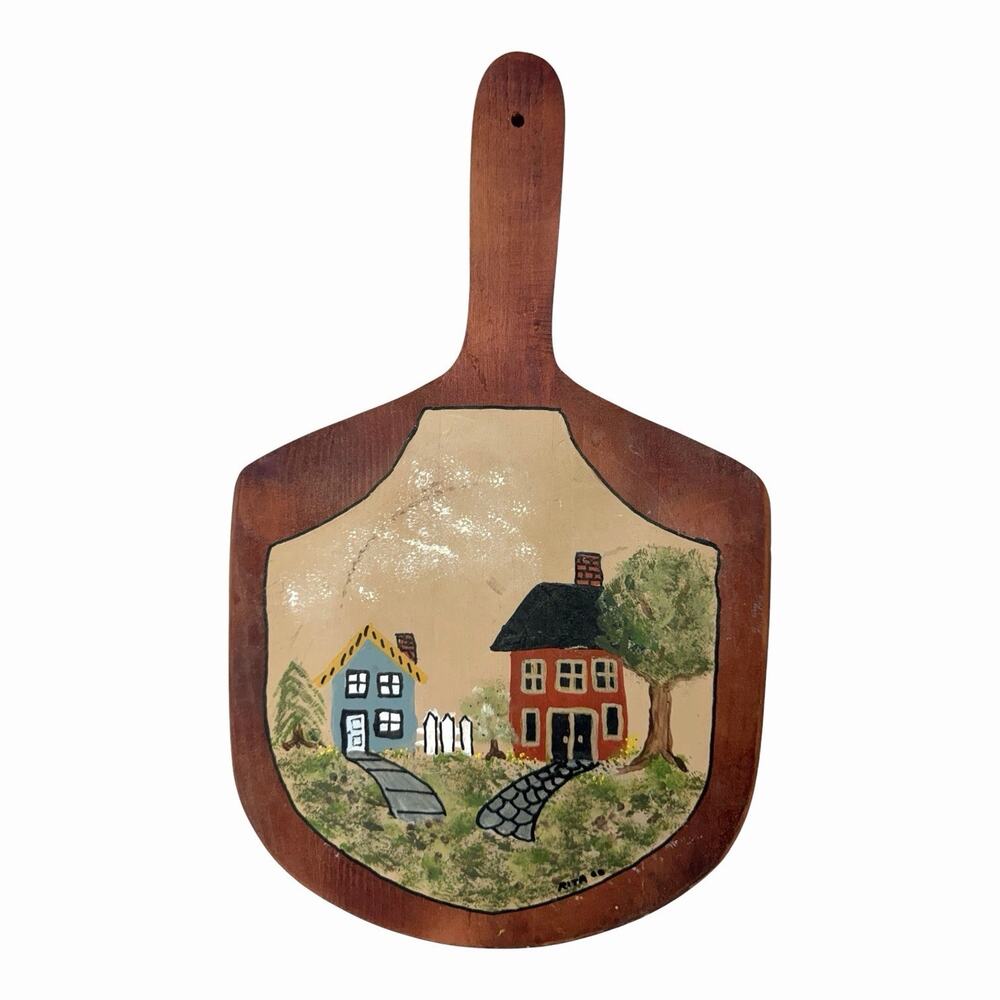 Vtg Handmade Wood Paddle Hand Painted Houses Cutting Board Wall Art Signed